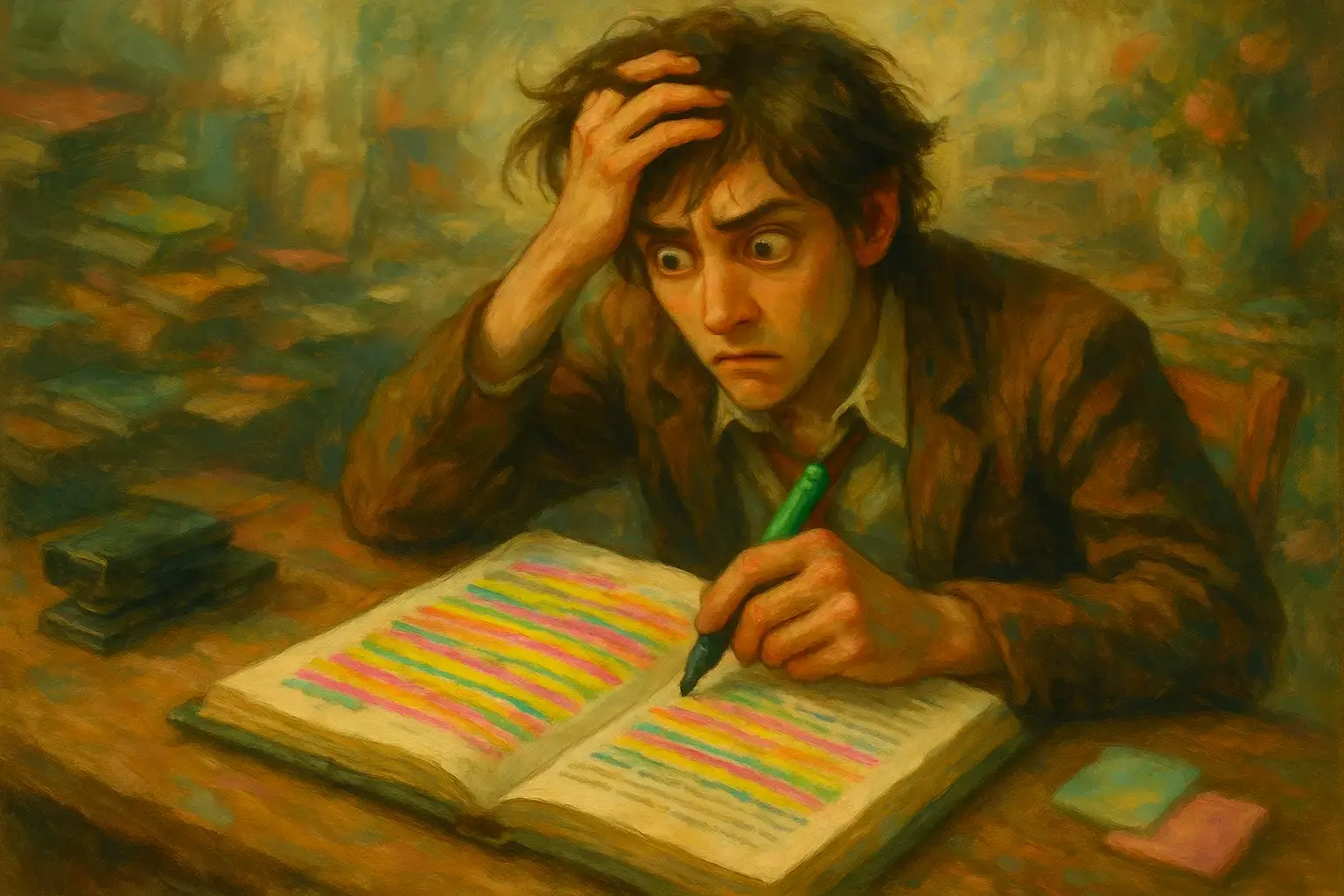 Frustrovaný kancelářský úředník dělá poznámky zvýrazňovačem