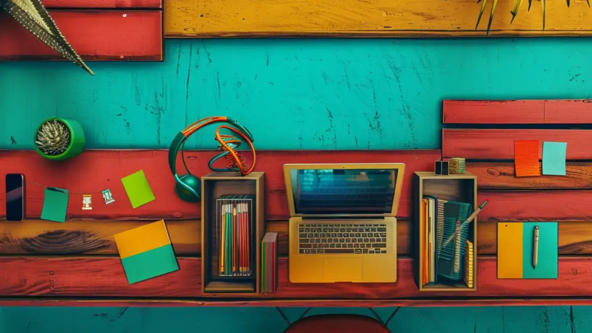 Barevně sladěný pracovní stůl s notebookem, sluchátky, zápisníky a kancelářskými pomůckami, laděný do tyrkysové, žluté a červené. 