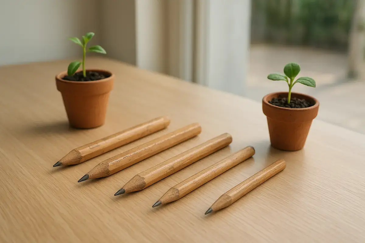 Pět dřevěných tužek uspořádaných na dřevěném stole vedle dvou terakotových květináčů se zelenými sazenicemi v přirozeném světle