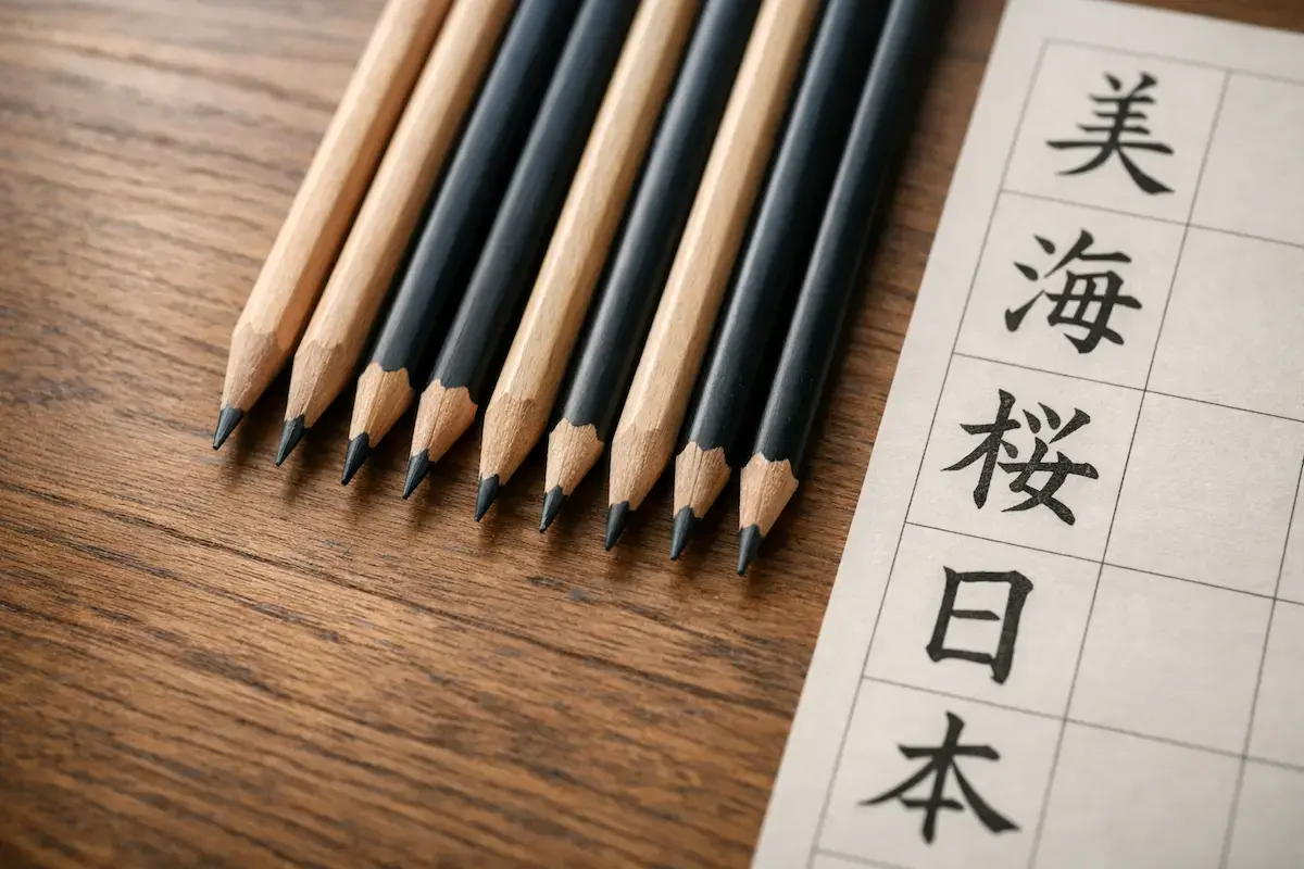 Detailní záběr shora na precizně srovnané japonské tužky na dřevěném stole, vedle listu s ručně psanými znaky kanji, přirozené světlo