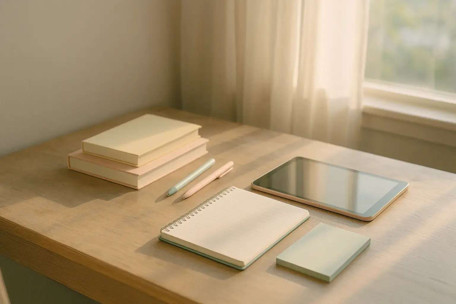Minimalistický studijní stůl s pastelovými knihami, tabletem, zápisníkem a pery u okna v jemném denním světle