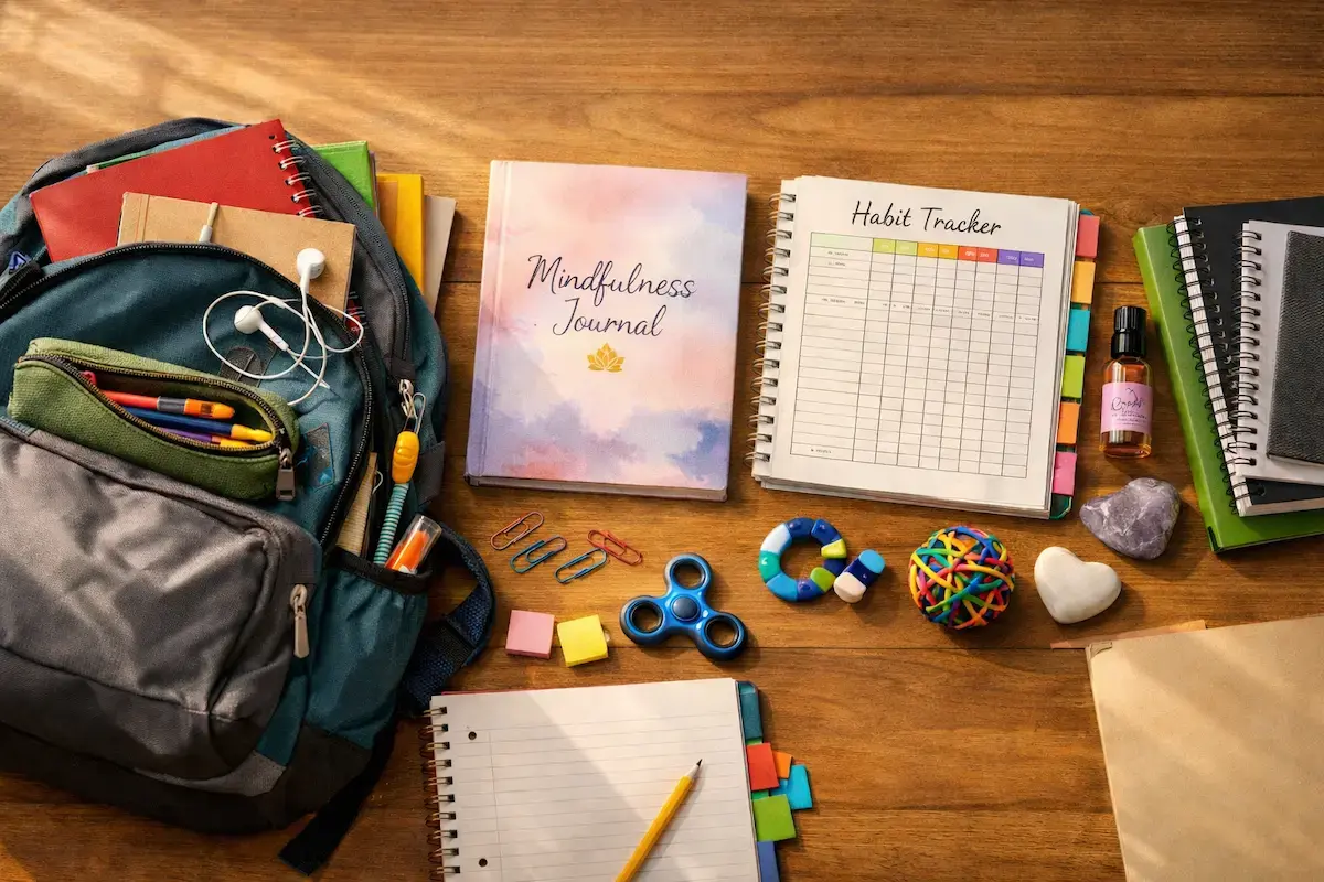 Pohled shora na rozbalený studentský batoh na dřevěném stole s učebnicemi, psacími potřebami a nástroji pro duševní pohodu, jako je mindfulness deník, plánovač návyků a antistresové pomůcky.