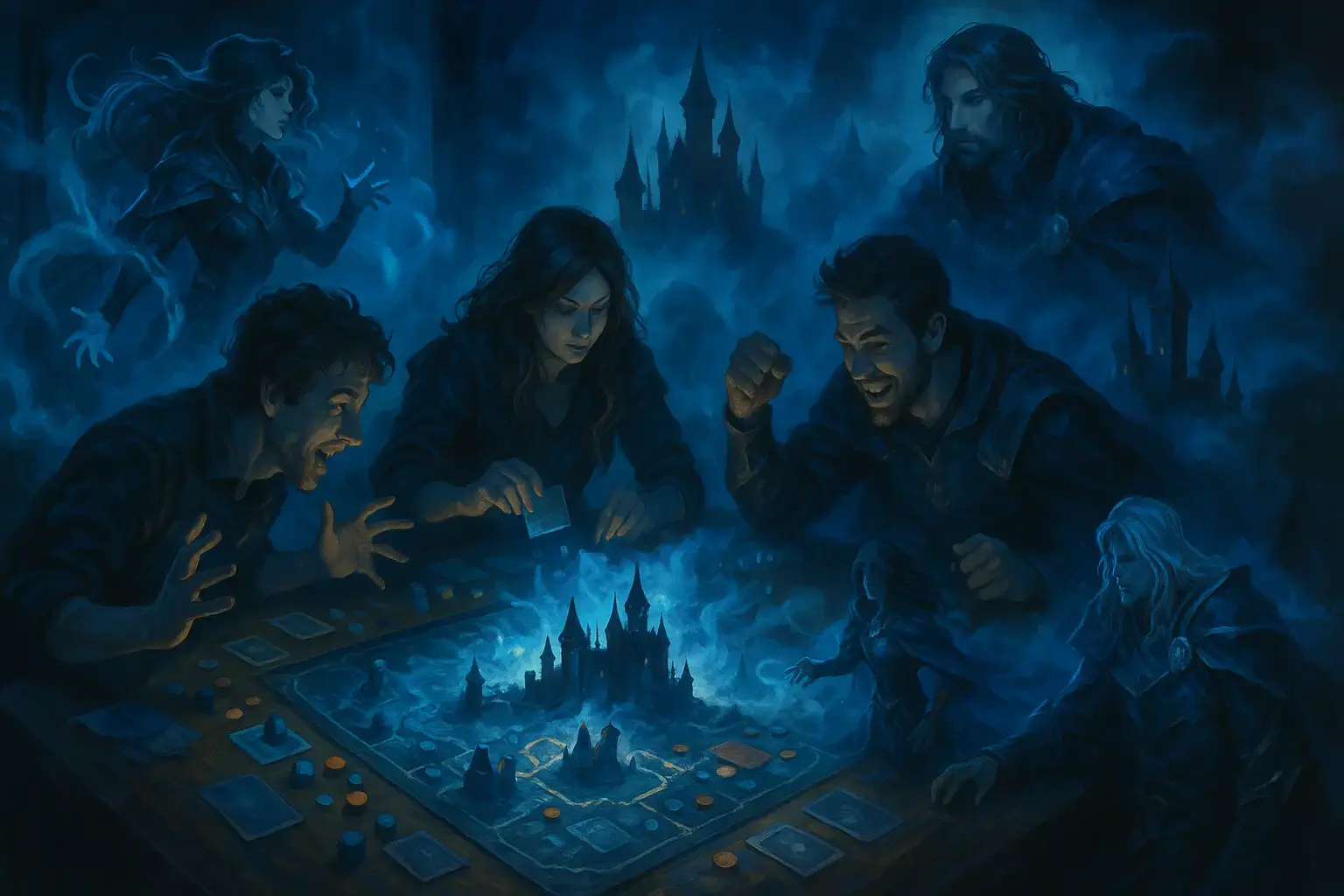 Skupina dospělých hraje temnou fantasy deskovou hru s trojrozměrným hradem, obklopenou mlhou a tajemnými postavami.