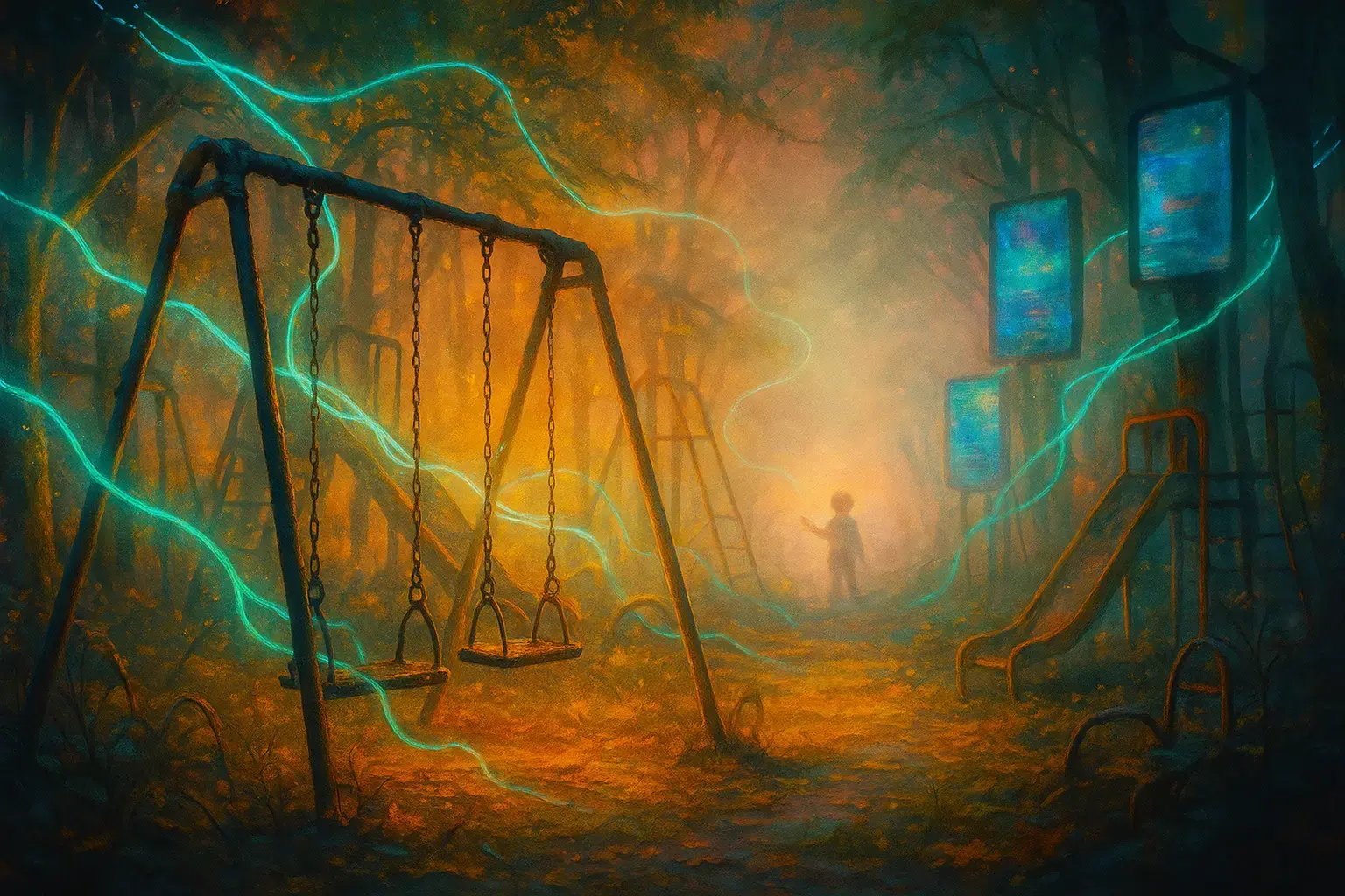 Opuštěné dětské hřiště v digitálním lese, obklopené zářícími optickými kabely a mlhou, dítě v pozadí se natahuje ke světlu.