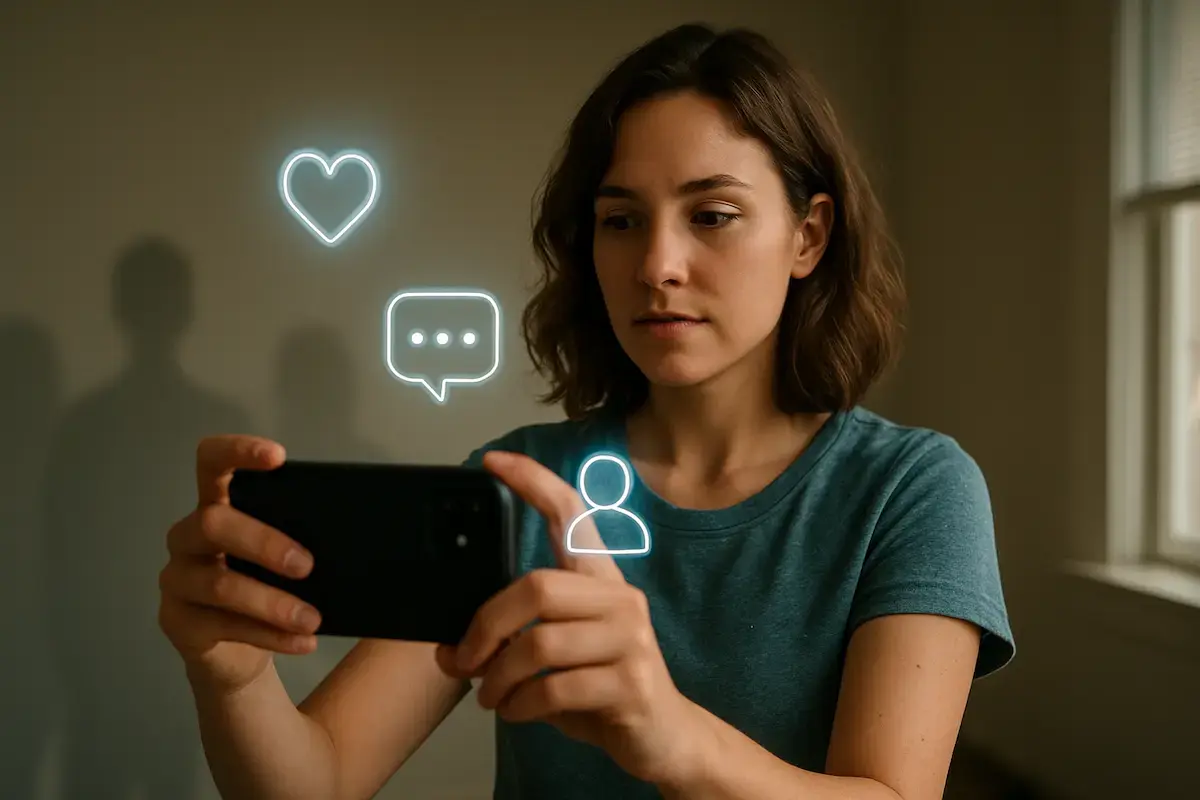 Žena drží smartphone se svítícími ikonami sociálních sítí - srdce, zprávy a profil uživatele